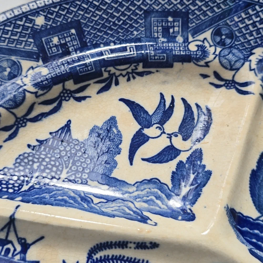 Antique 🐦 Old Blue Willow Divided CHINOISERIE Grill Plate Vintage made In Japan